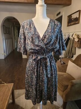 SHEIN Teal Blue & Navy Floral Wrap Midi Dress
